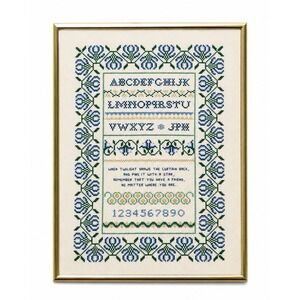 Vintage Needlepoint Sampler Framed Blue Green Grandmillennial Cottage‎ Wall Art